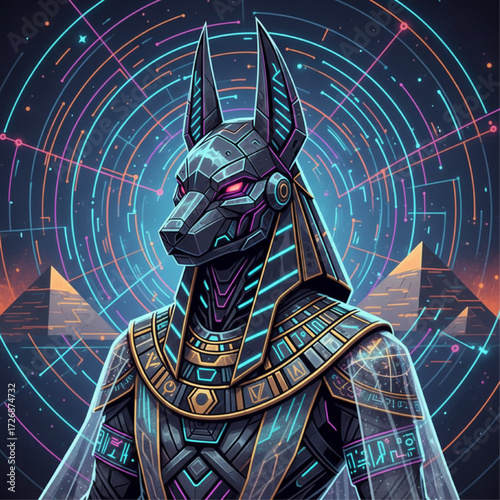 A futuristic vector portrait of an Egyptian god like Anubis, but with cybernetic components, neon hieroglyphic tattoos, and a geometric collar