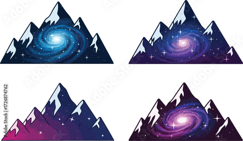 Four mountain peaks featuring a design of galaxies and starry skies.