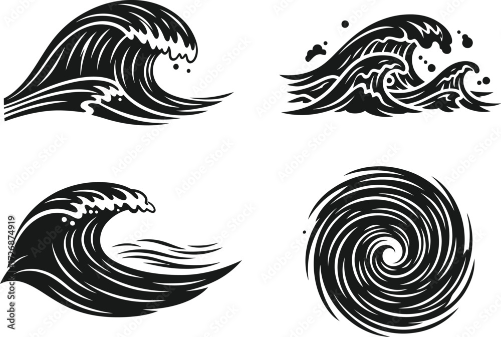 Naklejka premium Four wave illustrations, including ocean, sea, and spiral waves