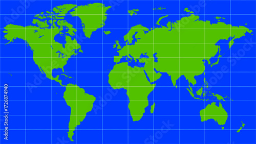 A minimalist world map, with the continents highlighted in green against a vibrant blue ocean backdrop. A white coordinate grid lends a rigorous, scientific feel to the image.