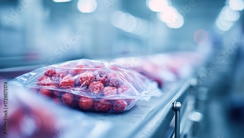 Frozen strawberries in plastic bags on a factory conveyor belt (1)
