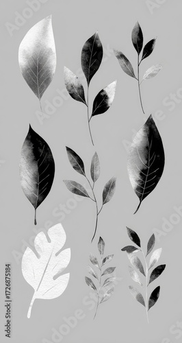 Abstract monochrome leaves and branches arranged on a light gray background