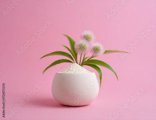 White powder in bowl, pink flowers