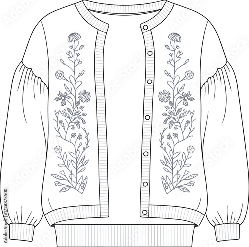 Floral embroidered cardigan sketch, fashion flat drawing, puff sleeve sweater vector, garment design template, apparel CAD illustration, cad drawing flat vector illustration