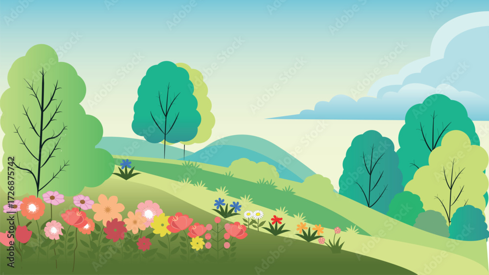 Fototapeta premium Forest meadow with trees and flowers