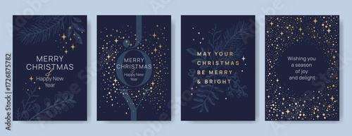 Set of navy blue Christmas and New Year greeting cards with golden stars and holiday typography. Festive template with botanical branches, lettering, and decorative background