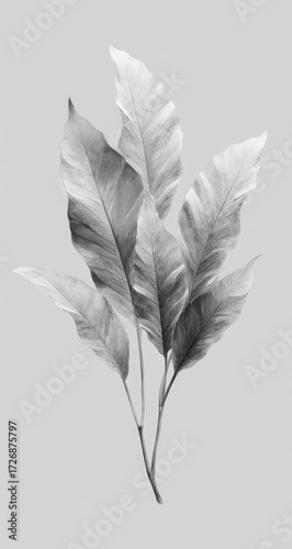 Monochromatic grayscale illustration of tropical leaves