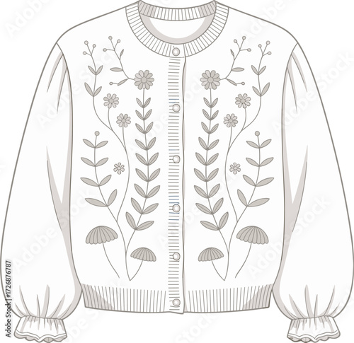 Floral embroidered cardigan sketch, puff sleeve sweater drawing, fashion flat illustration, garment design template, apparel CAD artwork, cad drawing flat vector illustration