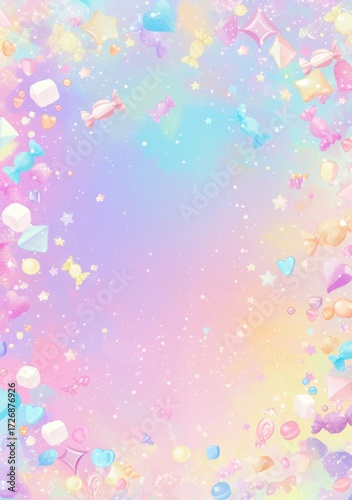 This vibrant background features a blend of pastel colors with whimsical candy and star shapes. Perfect for parties, celebrations, or creative projects, it adds a fun touch.