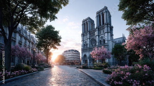 Fototapeta Naklejka Na Ścianę i Meble -  Gothic Cathedral Towers with Blossoms at Sunset in Paris France HDR
