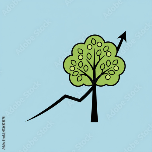 A minimalist vector illustration of an upward-trending graph line that transforms into a thriving tree with leaves, set against a clean, light blue background. Flat design, no gradients