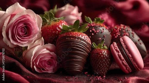 Delightful Display of Chocolate-Covered Strawberries and Heart-Shaped Macarons Enhancing Celebration with Sweet Elegance and Charm
