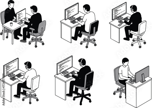 Isometric illustrations of diverse developers and programmers working on computers, a graphic representation of teamwork and technology.