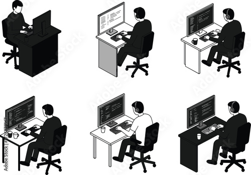 Isometric illustrations of diverse developers and programmers working on computers, a graphic representation of teamwork and technology.