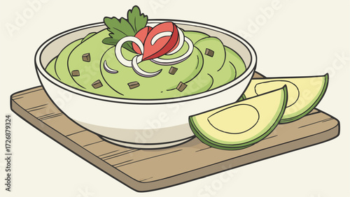 Avocado hummus in bowl. Vector illustration of healthy food.