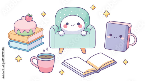 cute and tender kawaii book and chair with coffee and cake