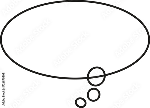 A black and white oval thought bubble with small circles emanating from the bottom, isolated on white background
