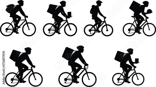 A collection of courier and delivery rider silhouettes on bicycles with backpacks, a graphic illustration of fast delivery service.