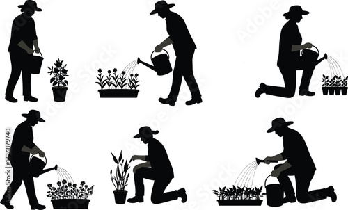 A set of various gardener silhouettes watering potted plants and flowers, a graphic illustration of gardening and horticulture.
