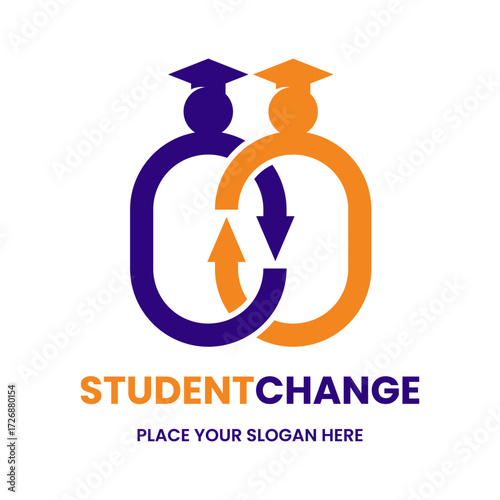 Student exchange program logo. Features two graduates in a cycle with transfer arrows, symbolizing collaboration and global education. Perfect for university exchange programs.