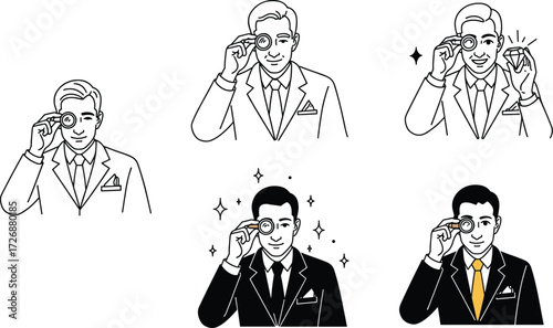 Vector illustration and silhouette of a professional jeweler examining a diamond with a loupe, set on a white background.