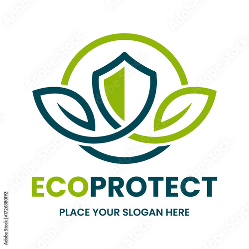 Eco protect logo with a shield, building, and leaves. Represents green building, sustainable property, environmental protection, and secure eco-friendly homes.