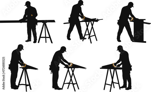 Professional male carpenter silhouette sawing a wooden plank with a handsaw on a workbench isolated on white.