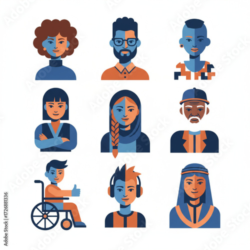 A set of vector avatars for a website, diverse in ethnicity and style, using a simple two-color scheme
