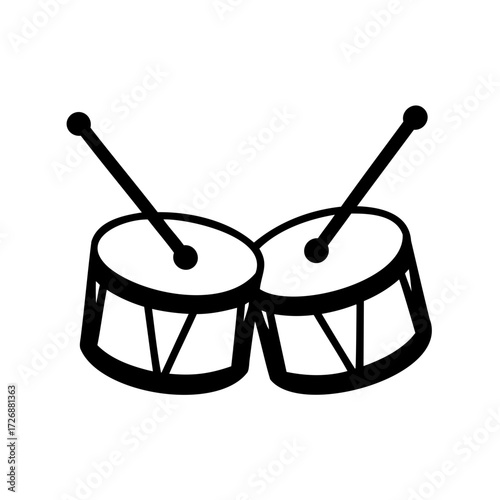 Cartoon depiction of a set of drums with drumsticks in black and white