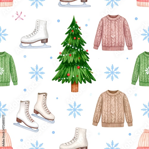 Winter Holiday Pattern with Christmas Tree, Skates, and Sweaters