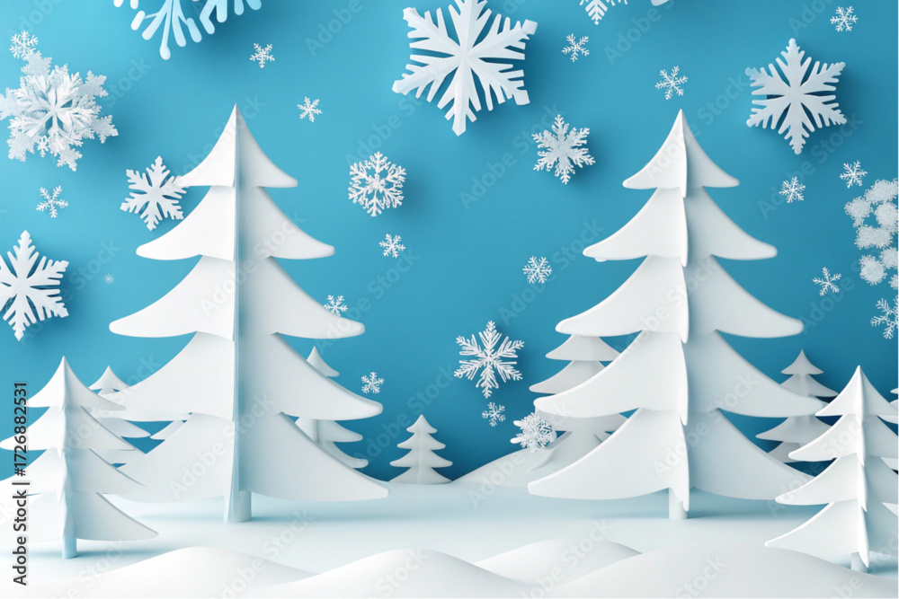 Obraz premium Winter forest scene with white paper snowflakes and trees against a blue background