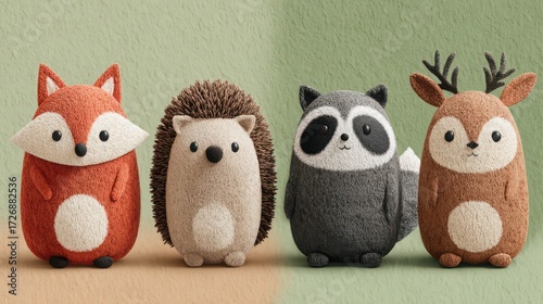 Adorable Woodland Animal Set Featuring a Playful Red Fox, Hedgehog, and Raccoon Celebrating Natures Charm