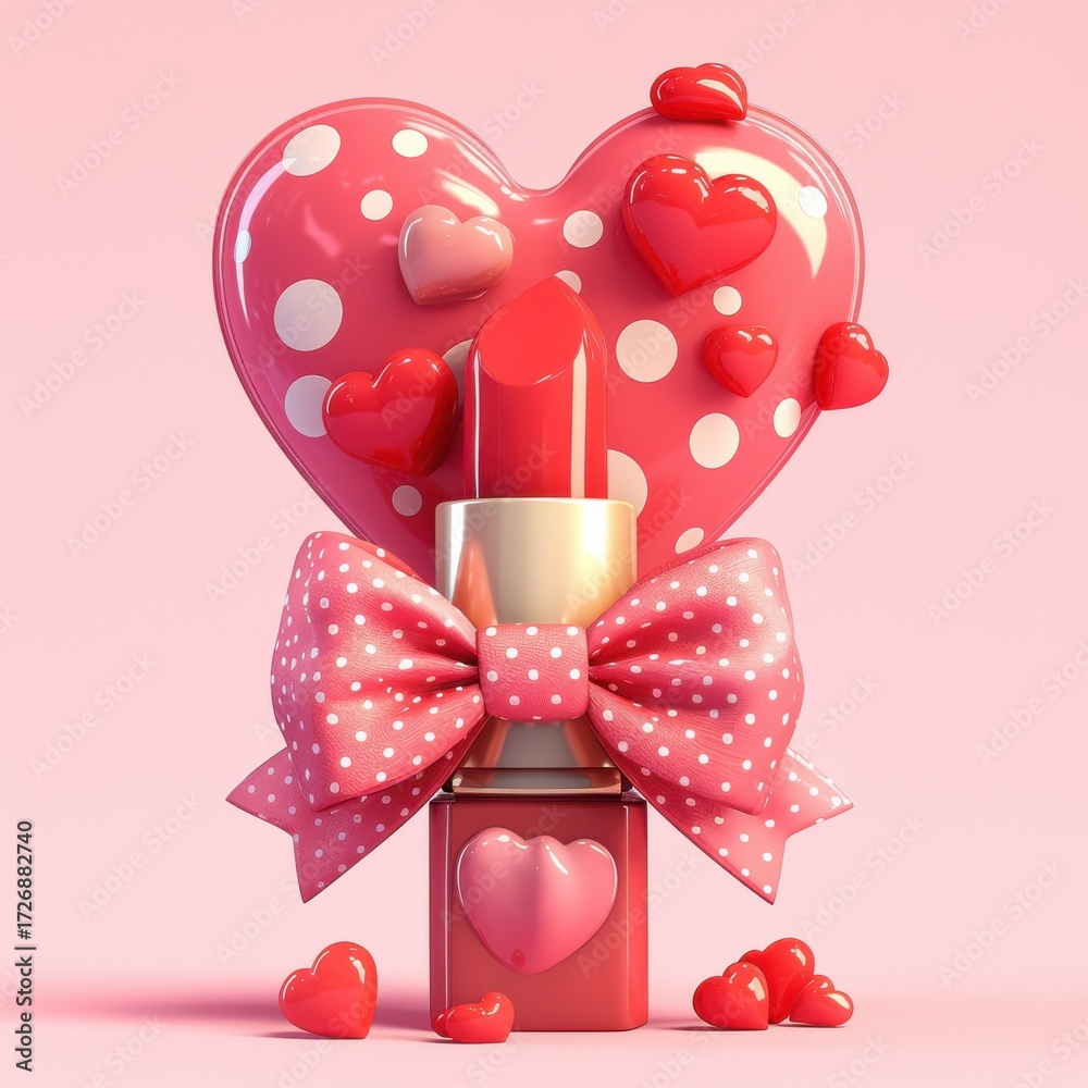 Fototapeta premium A vibrant heart-shaped lipstick tube adorned with a pink bow sits against a soft pink background. Tiny hearts surround the tube, creating a festive and playful look.