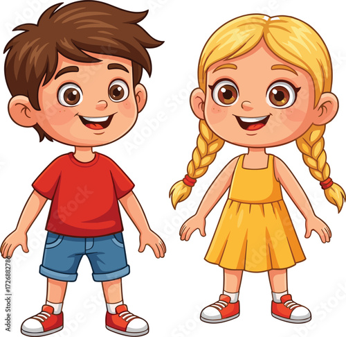 cartoon children illustration, happy boy and girl, kids standing together, smiling faces, colorful drawing, cheerful characters, educational design, playful art
