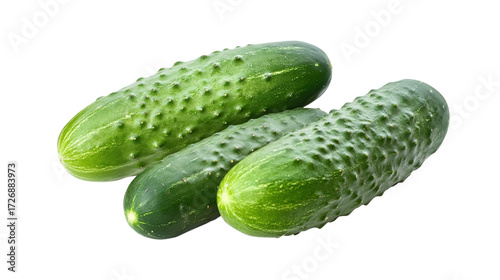 Three fresh green cucumbers isolated on a transparent background