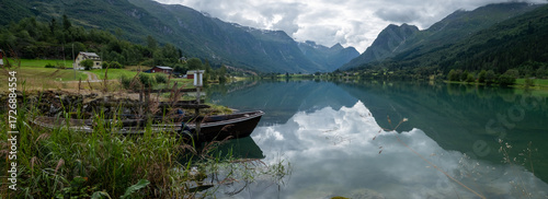 Amazing sky reflecting in Lake Floen in Olden in Nordfjord, Norway