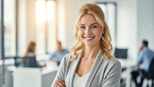 Smiling blonde professional woman in office setting video, ai generated
