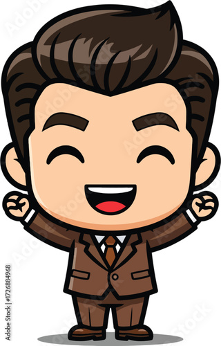 Excited Businessman In A Brown Suit Celebrating Success With Both Hands Raised