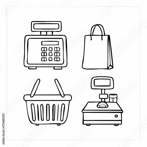 Set of line art illustrations depicting essential grocery shopping items and retail equipment