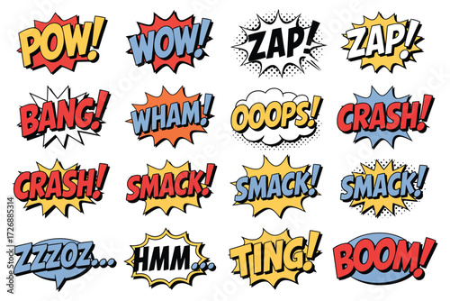 Cartoon comic book speech bubbles with pow, wow, zap, bang, wham, crash, smack, splash, kaboom colorful sound effects vector illustration