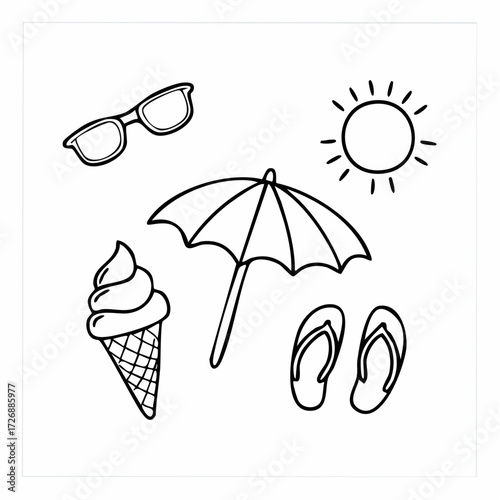 Summer essentials Sunglasses, ice cream, umbrella, and beach sandals for a fun vacation