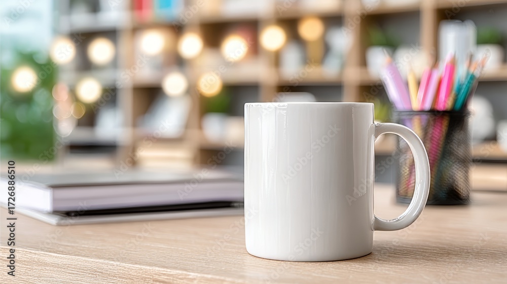 Fototapeta premium Stylish Minimalist Workspace Featuring White Coffee Mug, Open Book, and Essential Office Supplies