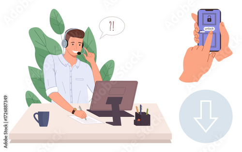 Man at desk wearing headset, talking while writing smartphone with unlock process. Ideal for communication, customer service, remote work, mobile tech, security, tech support innovation visuals. A