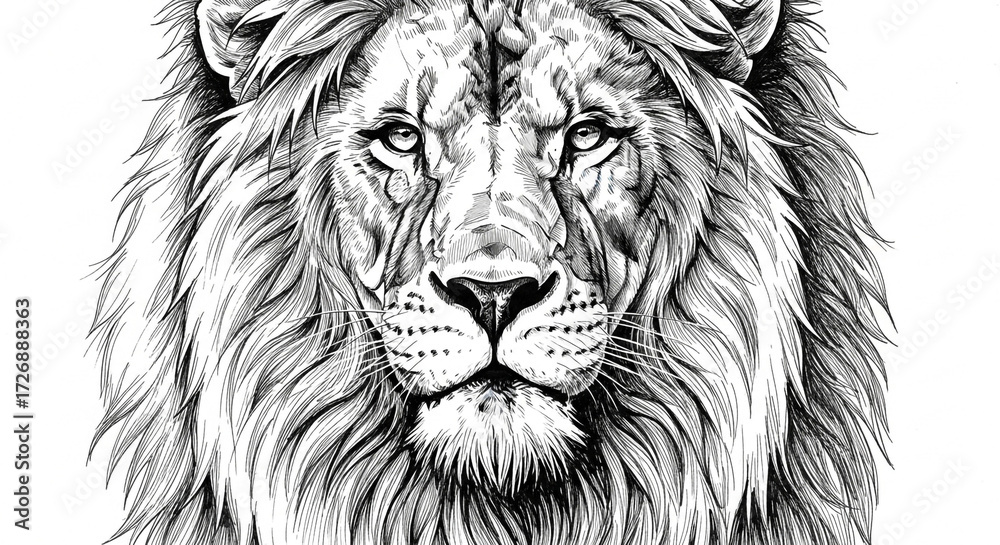 Fototapeta premium Majestic lion's intense gaze captured in a detailed, dramatic ink drawing, symbolizing power and courage