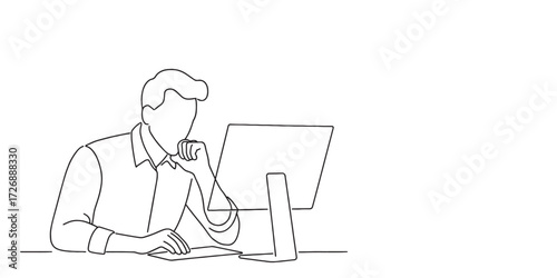 Continuous one line drawing of a young business manager sitting at a desk with a laptop, thinking about strategy to grow the company. Minimalist single line vector illustration representing corporate