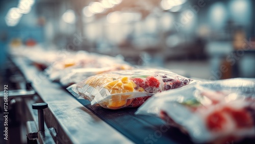 Bags of produce on a factory conveyor belt