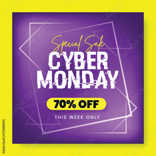 Modern Cyber Monday Discount Web Banner Template with Neon Background, Social Media Post Square Layout for Retail Product Sale, Special Offer Advertisement, Promotion and Deals