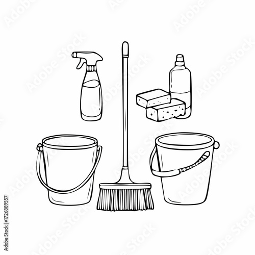Cleaning Supplies a vector Illustration of Buckets, Sprayer, Broom, Sponges and Soap Bottles