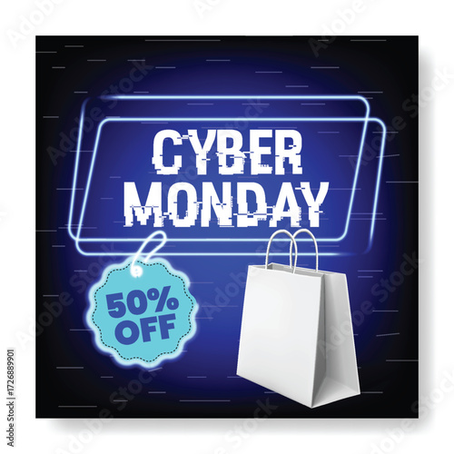 Cyber Monday Retail Discount Social Media Post Template with Neon Background, Modern Product Sale Web Banner, Square Advertisement Layout, Special Offer Marketing Promotion Design