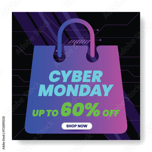 Creative Cyber Monday Discount Web Banner Template with Neon Background, Social Media Post Square Design for Retail Sale Promotion, Product Advertisement, Special Offer and Deals